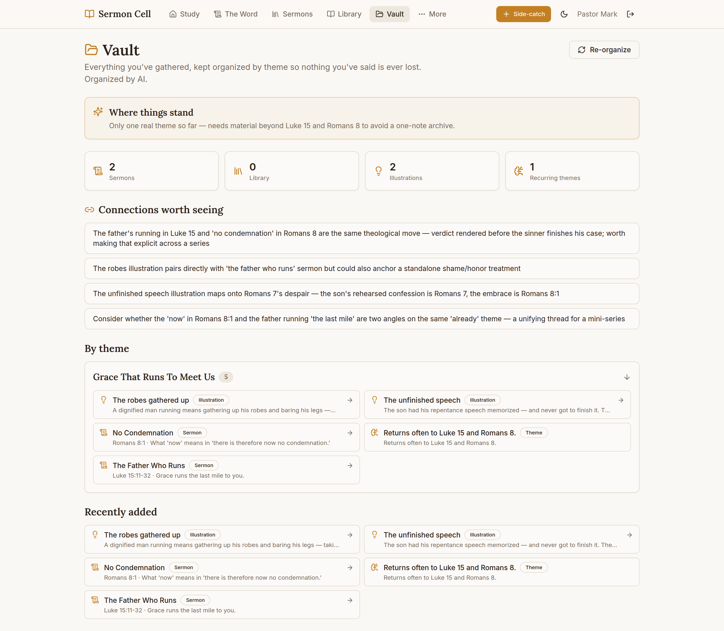 The vault — your delivered sermons, dated and kept, with everything you’ve built on the text